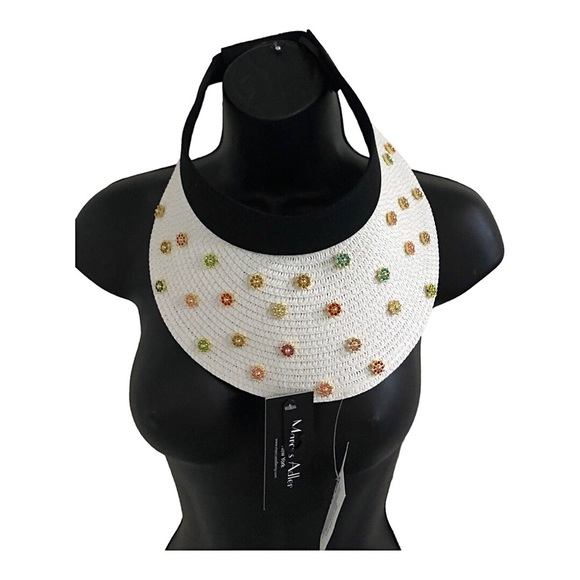 White black bejeweled faux precious‎ stones raffia straw sun visor hat new main image 12